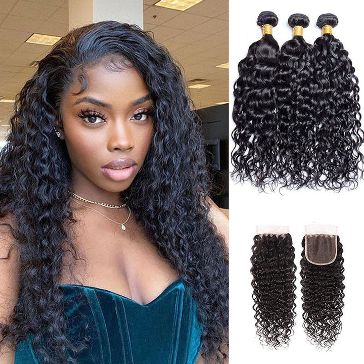 Geetahair Water Wave Hair 3 Bundles with 4x4 Lace Closure 100% Virgin Human Hair on Sale