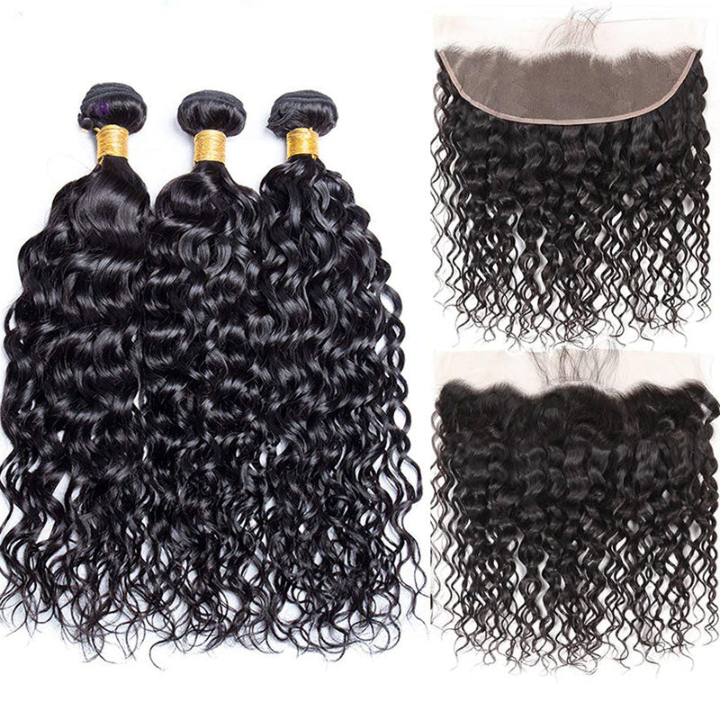 Geetahair Water Wave Hair 3 Bundles With 13x4 Lace Frontal 100% Virgin Human Hair Extensions