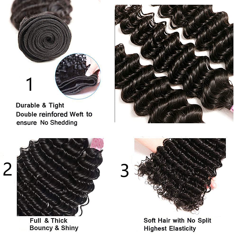 GeetaHair Deep Wave 4 Bundles with 13x4 Lace Frontal Virgin Human Hair Extensions
