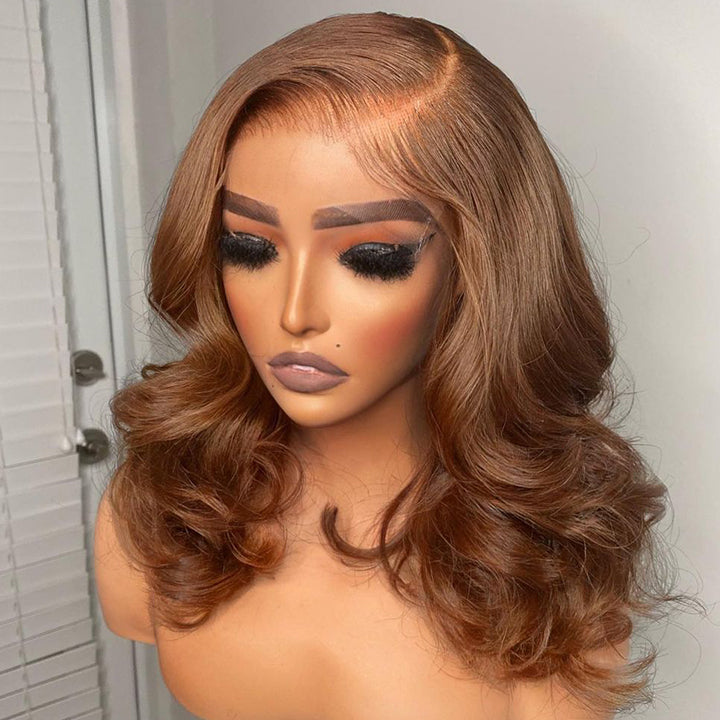 Brown Body Wave Human Hair Bob Wigs Colored Medium Length Transparent Lace Bob Wig