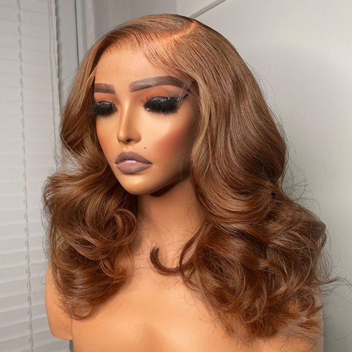 Brown Body Wave Human Hair Bob Wigs Colored Medium Length Transparent Lace Bob Wig
