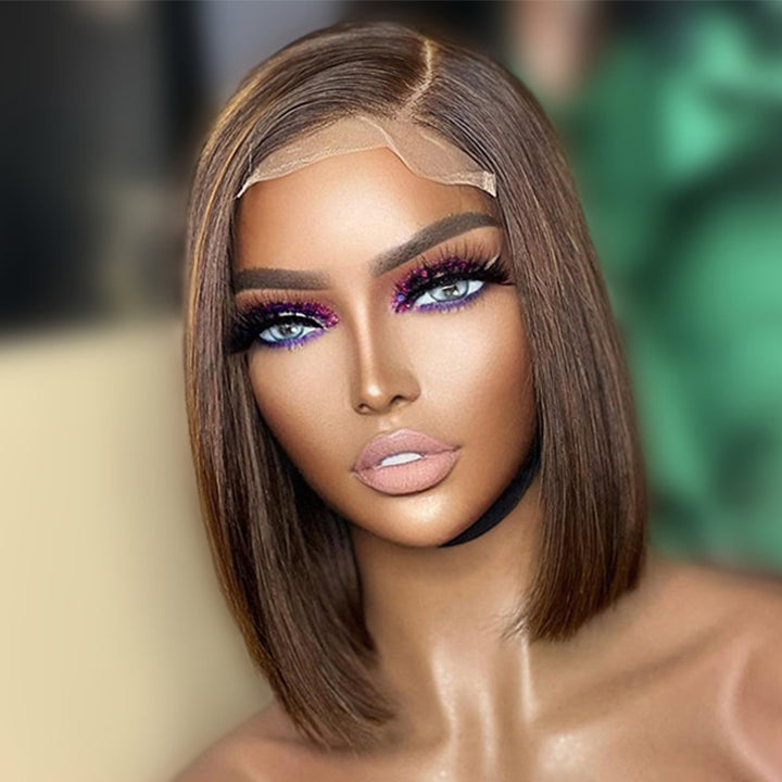 No Code Need: Brown Bone Straight Human Hair Bob Wigs-Geeta Hair