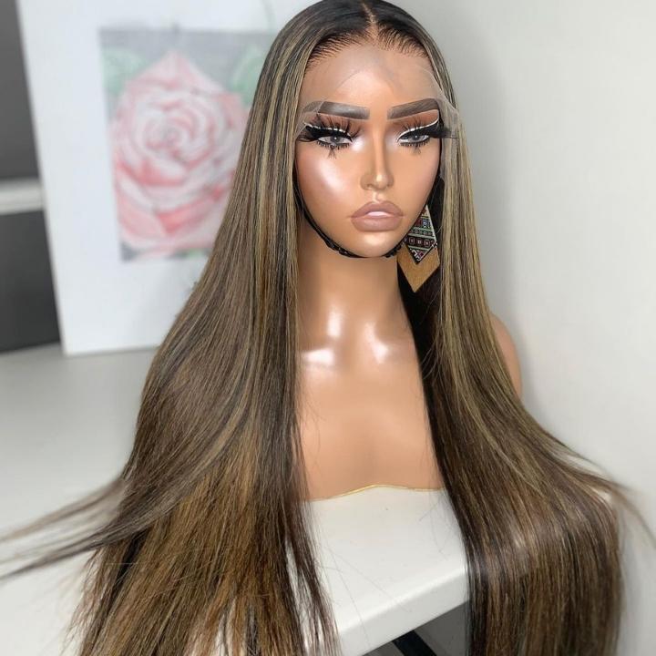 Glueless Highlight Blonde Straight/Body Wave Transparent 5x5 Lace Part Wig Brown Highlights Human Hair Wave Wigs-Geetahair