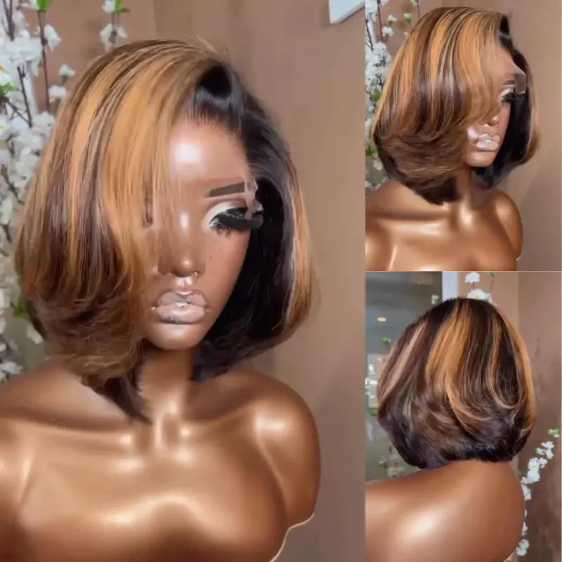 Flash Sale Brown Highlight Glueless Wigs Natural Wavy Side Part Pre Cut Lace Wigs Short Bob Wig 13x4 Lace Front Wig