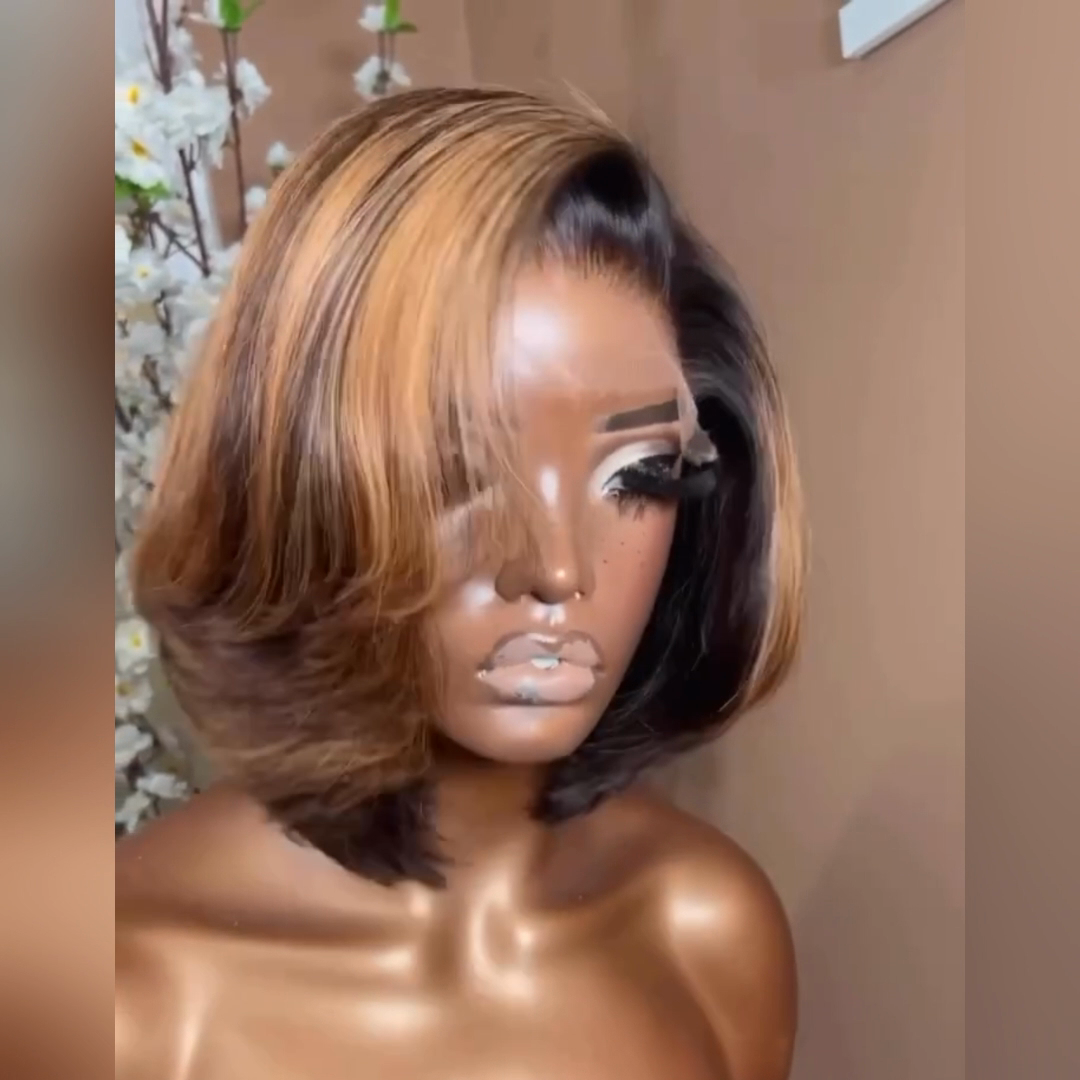 Flash Sale Brown Highlight Glueless Wigs Natural Wavy Side Part Pre Cut Lace Wigs Short Bob Wig 13x4 Lace Front Wig