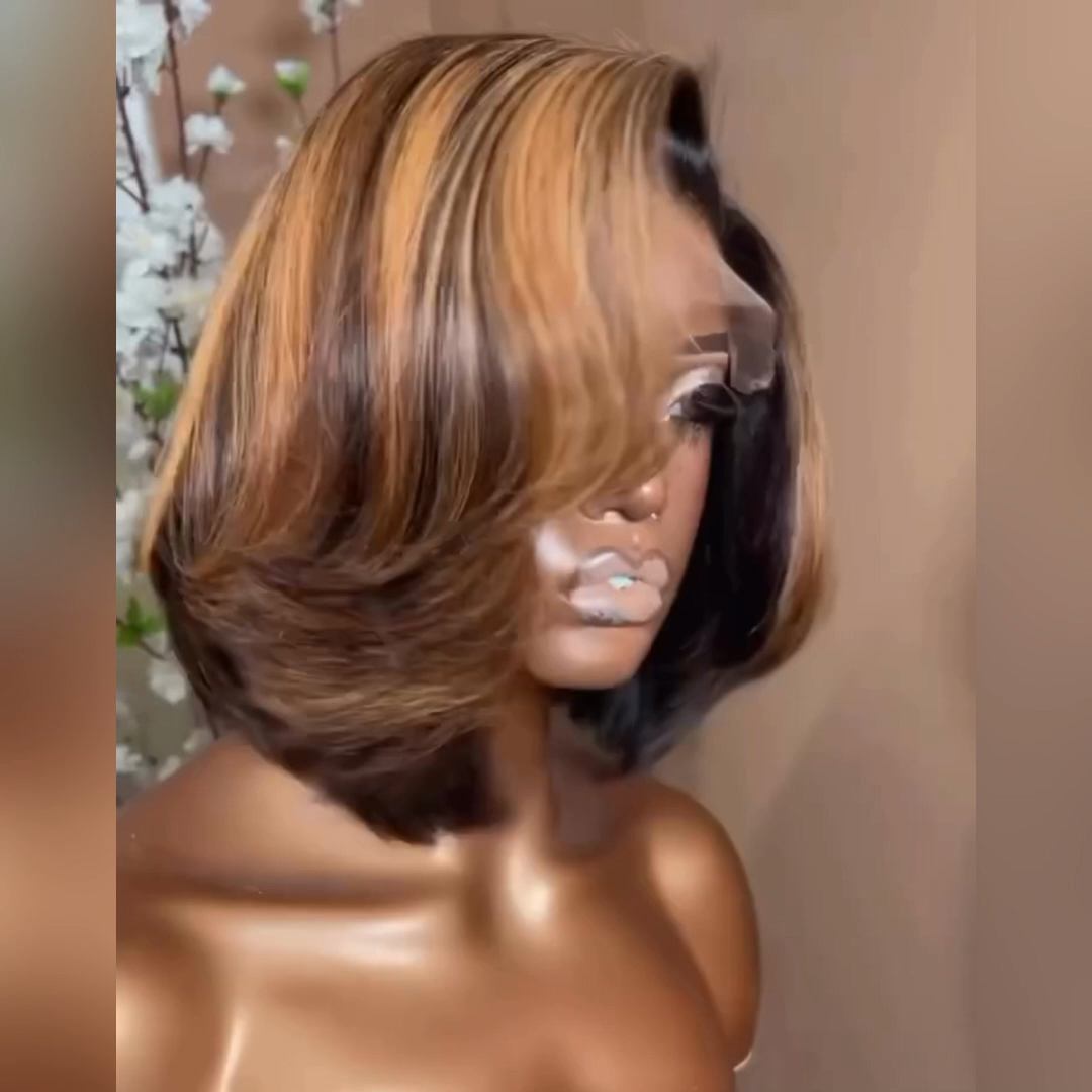 Flash Sale Brown Highlight Glueless Wigs Natural Wavy Side Part Pre Cut Lace Wigs Short Bob Wig 13x4 Lace Front Wig