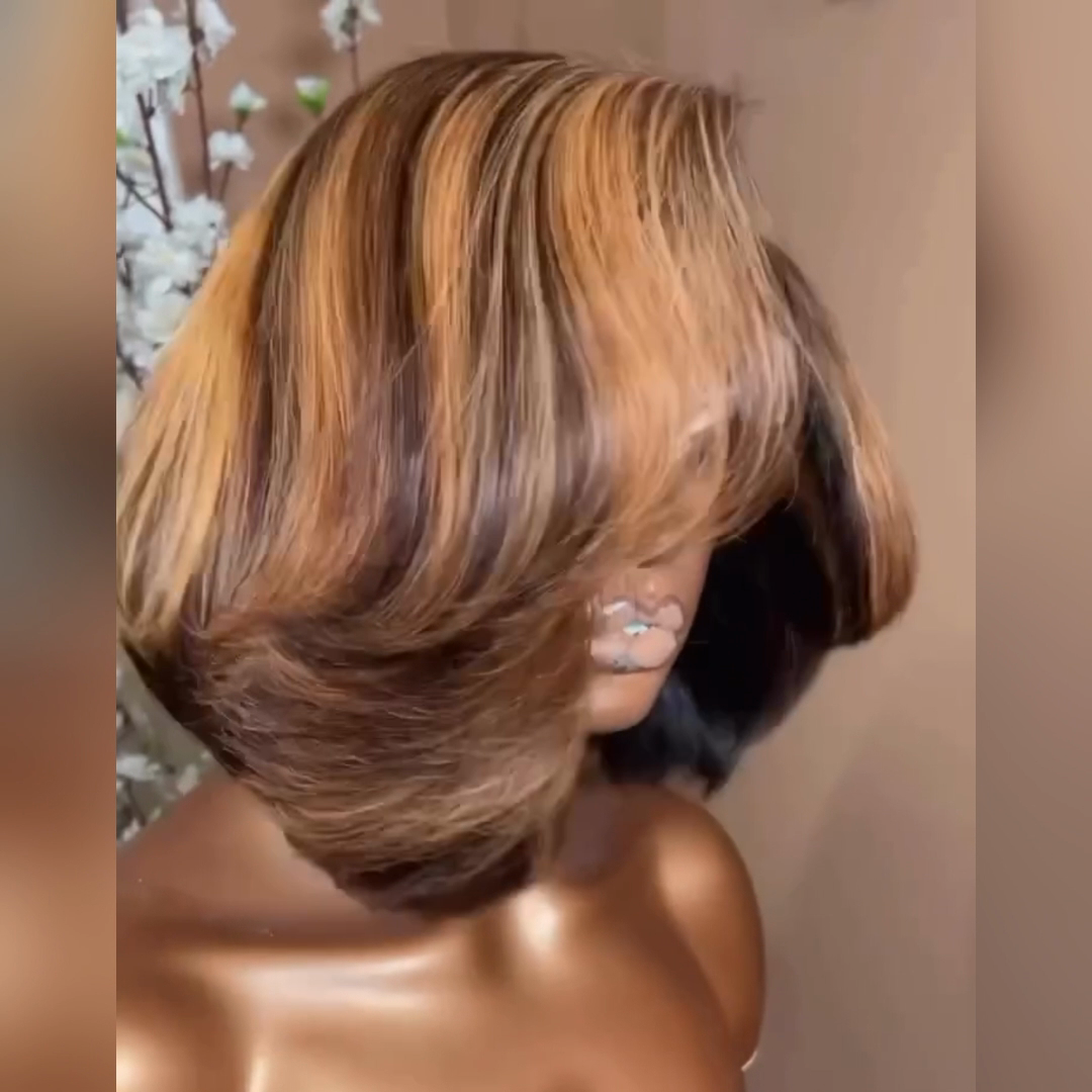 Flash Sale Brown Highlight Glueless Wigs Natural Wavy Side Part Pre Cut Lace Wigs Short Bob Wig 13x4 Lace Front Wig