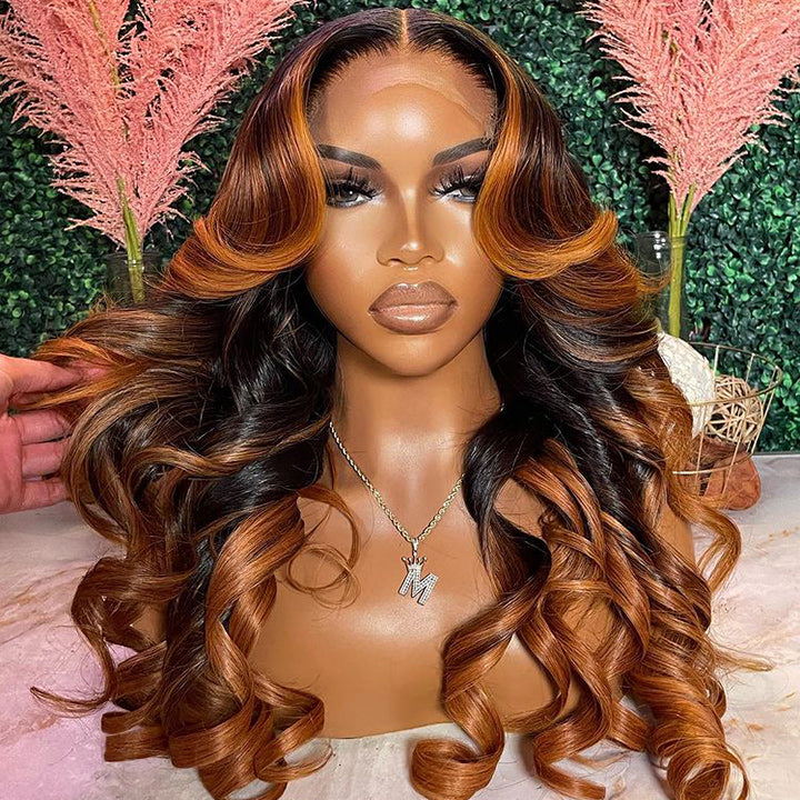 No Code Need: Brown Balayage On Black Hair Body Wave Highlight Hd Transparent Lace Human Hair Wigs-Geeta Hair