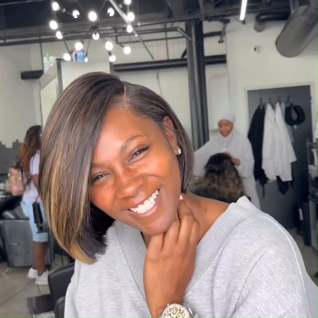 Brown Highlight Side Part Short Bob Wig Glueless Straight Lace Front Human Hair Wigs Pre Plucked