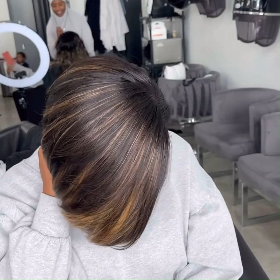 Brown Highlight Side Part Short Bob Wig Glueless Straight Lace Front Human Hair Wigs Pre Plucked