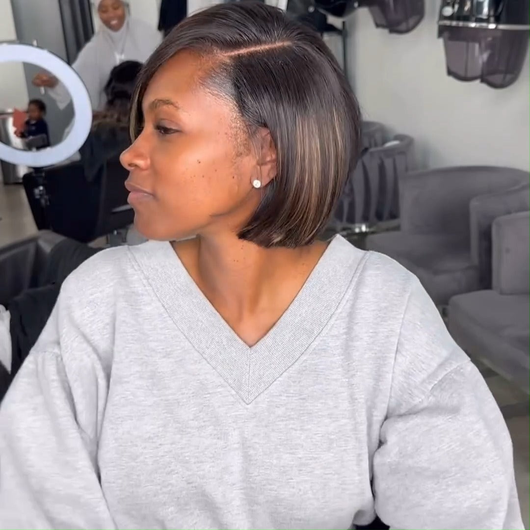 Brown Highlight Side Part Short Bob Wig Glueless Straight Lace Front Human Hair Wigs Pre Plucked