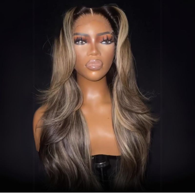 Brown Mixed Golden Color Long Wavy Human Hair Wigs Ombre Brown Balayage Highlight Lace Front Wigs