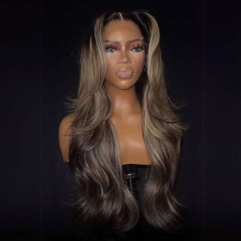 Flasl Sale Over $101 Get $100 Off Luxury Design Brown Mixed Golden Color Long Wavy Layer Human Hair Wigs