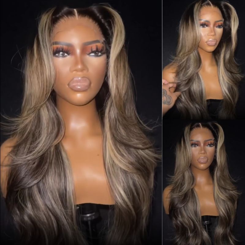 Brown Mixed Golden Color Long Wavy Human Hair Wigs Ombre Brown Balayage Highlight Lace Front Wigs