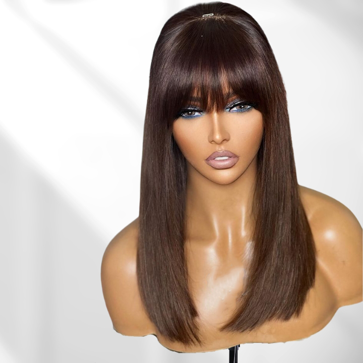 Put On&Go Brown Straight Glueless 5x5 HD Lace Wig With bangs Easy to Wear Lace Human Hair Wigs-GeetaHair