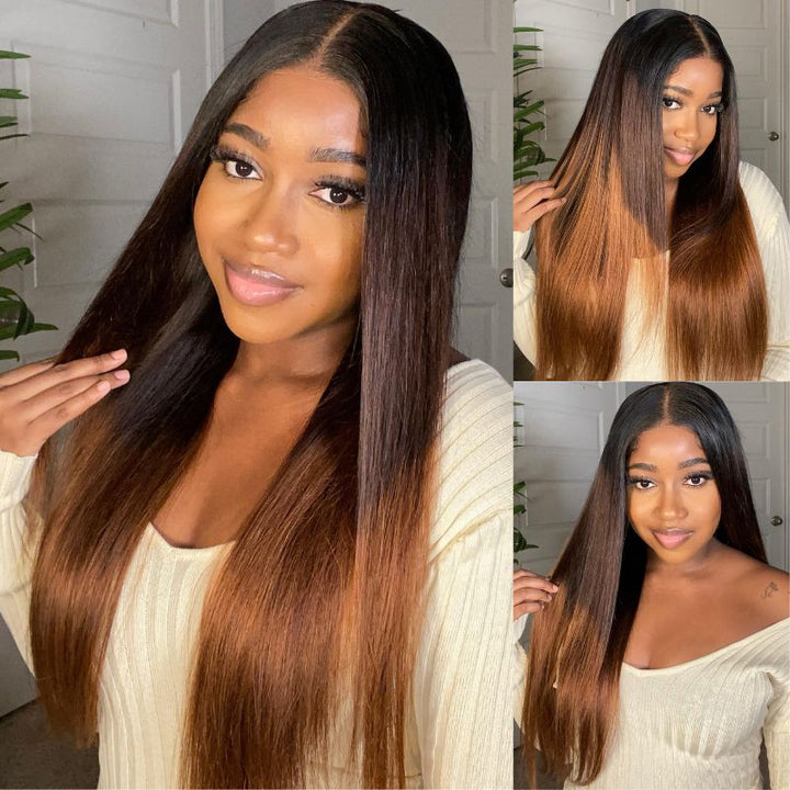 24 Hours Shipping Brown Straight Glueless Wigs T1B/2/4 Ombre 13X4 Lace Front Wig Human Hair Pre Plucked