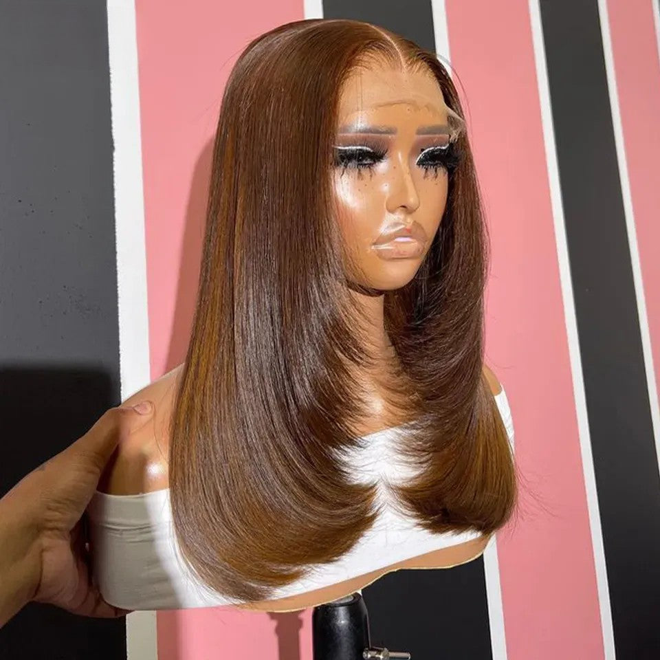 Chocolate Brown Short Bob Wig Layered Straight Human Hair Wigs 13X4 Lace Wigs For Black Women 180% Density Human Hair Lace Frontal Wigs