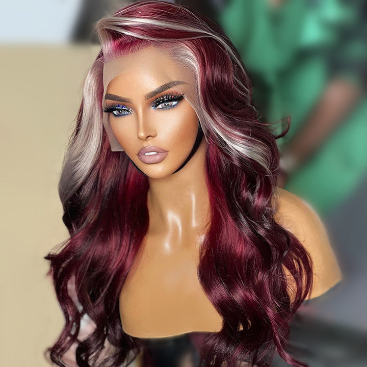 Buy 1 Get 1 Free: Skunk Stripe 13x4/4x4 Burgundy Hair Body Wave Human Hair Lace Front Wigs - Flash Sale