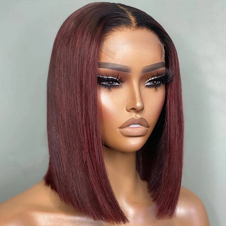 Straight Burgundy Glueless HD Lace Front Bob Wig with Black Roots 99j Colored Short Human Hair Bob Wigs
