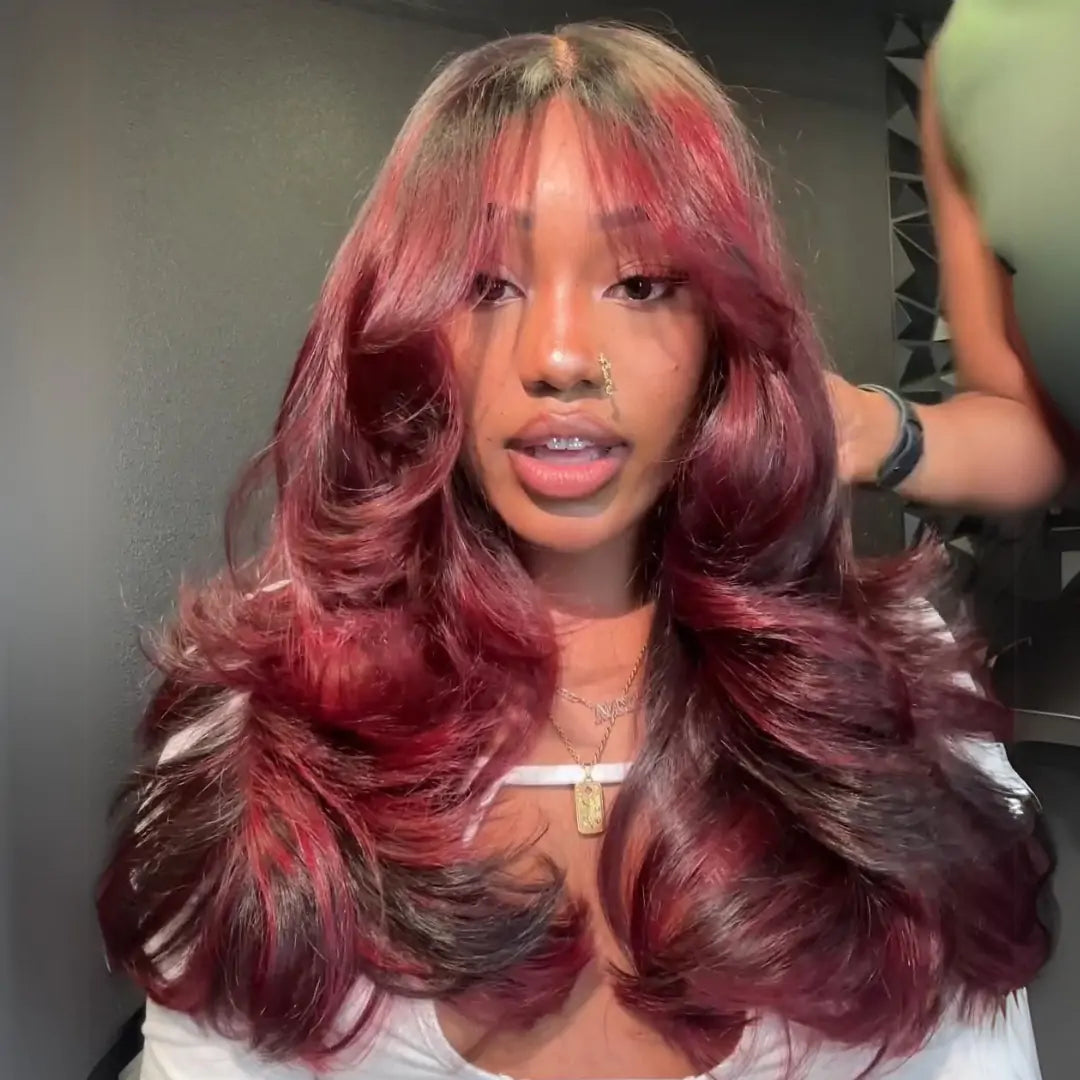 Burgundy Highlight Colored Glueless Wigs Body Wave 13x4 Transparent Lace Front Wig Pre Plucked