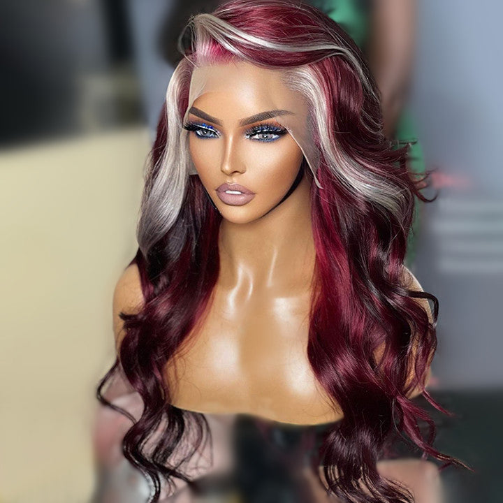 Buy 1 Get 1 Free: Skunk Stripe 13x4/4x4 Burgundy Hair Body Wave Human Hair Lace Front Wigs - Flash Sale