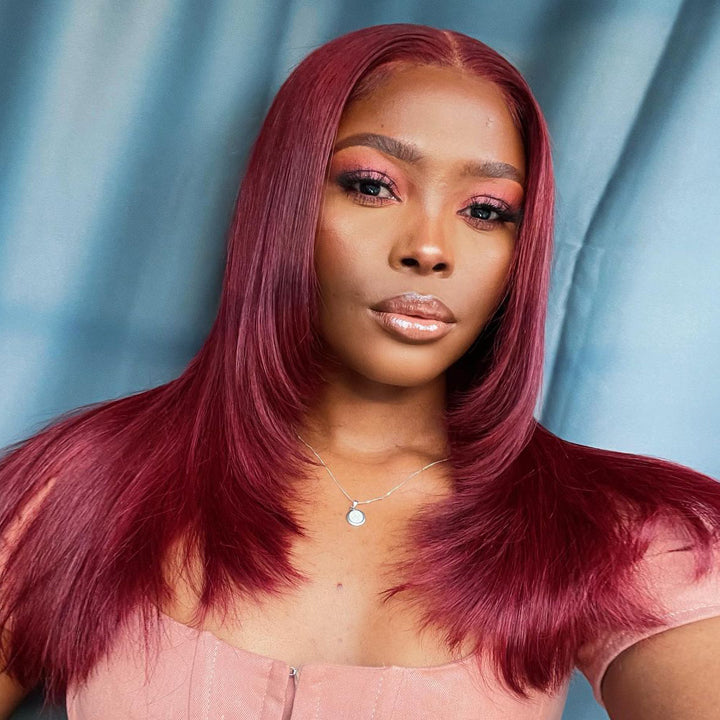 Ginger Layered Straight 13x4 HD Transparent Lace Frontal Wig Ginger/99j Color Butterfly Haircut Human Hair Wigs