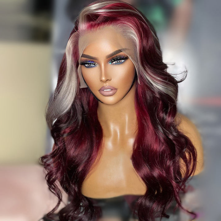 Buy 1 Get 1 Free: Skunk Stripe 13x4/4x4 Burgundy Hair Body Wave Human Hair Lace Front Wigs - Flash Sale
