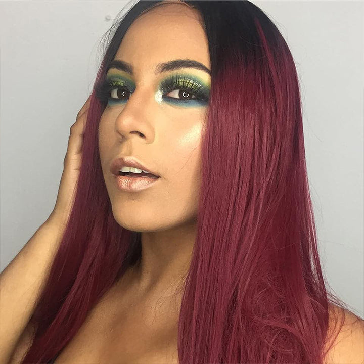 Burgundy Straight Glueless HD Lace Front Wig with Black Roots 99j Colored Long Human Hair Wigs