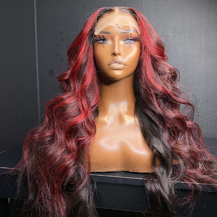 Xmas Sale Burgundy With Black Highlight Red 13x4 Lace Frontal Wig Body Wave Human Hair Wigs With Bangs Glueless Pre Plucked