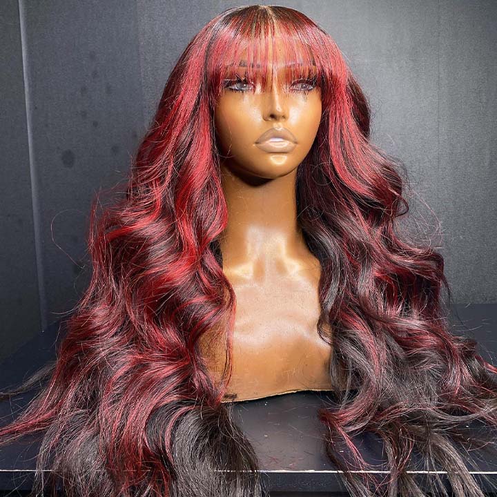 Xmas Sale Burgundy With Black Highlight Red 13x4 Lace Frontal Wig Body Wave Human Hair Wigs With Bangs Glueless Pre Plucked