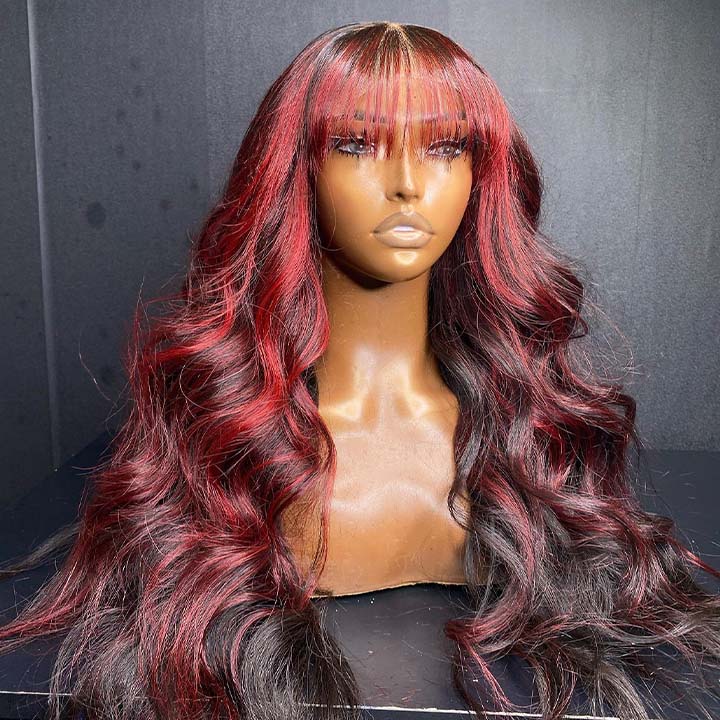 Xmas Sale Burgundy With Black Highlight Red 13x4 Lace Frontal Wig Body Wave Human Hair Wigs With Bangs Glueless Pre Plucked