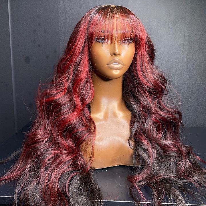 Xmas Sale Burgundy With Black Highlight Red 13x4 Lace Frontal Wig Body Wave Human Hair Wigs With Bangs Glueless Pre Plucked