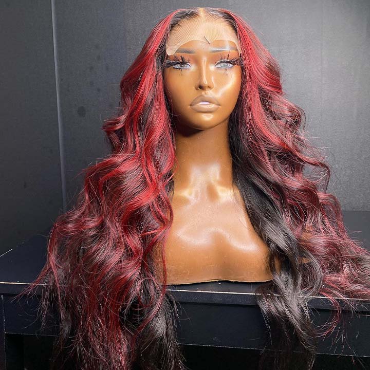 Xmas Sale Burgundy With Black Highlight Red 13x4 Lace Frontal Wig Body Wave Human Hair Wigs With Bangs Glueless Pre Plucked