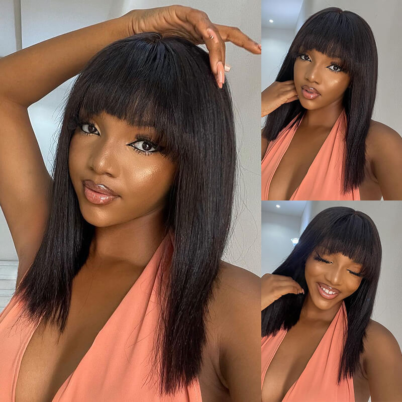 Buy 1 Get 1 Free: Glueless Straight Real Human Hair Bob Wig With Bangs - Flash Sale