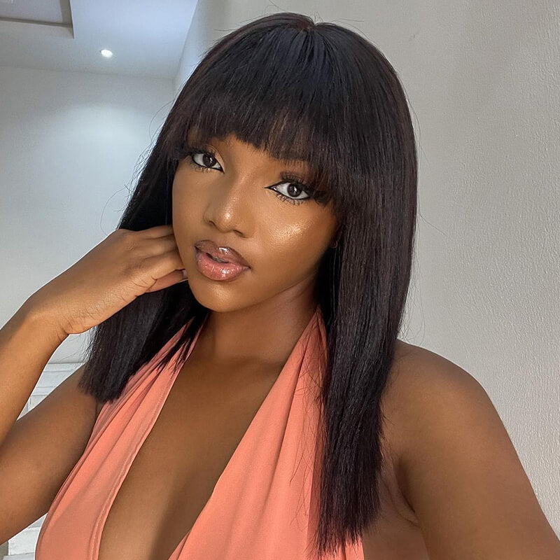 Buy 1 Get 1 Free: Glueless Straight Real Human Hair Bob Wig With Bangs - Flash Sale