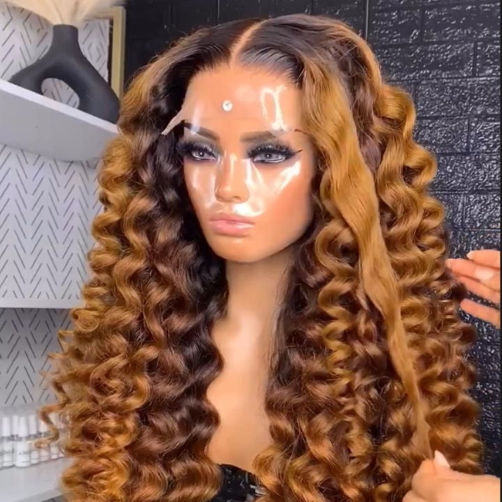 Caramel Brown Water Wave/Wand Curly Lace Front Wig With Dark Root Ombre Color HD Lace Human Hair Wigs for Women-GeetaHair