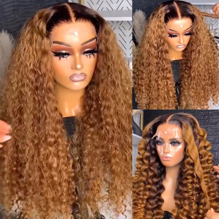 Caramel Brown Water Wave/Wand Curly Lace Front Wig With Dark Root Ombre Color HD Lace Human Hair Wigs for Women-GeetaHair