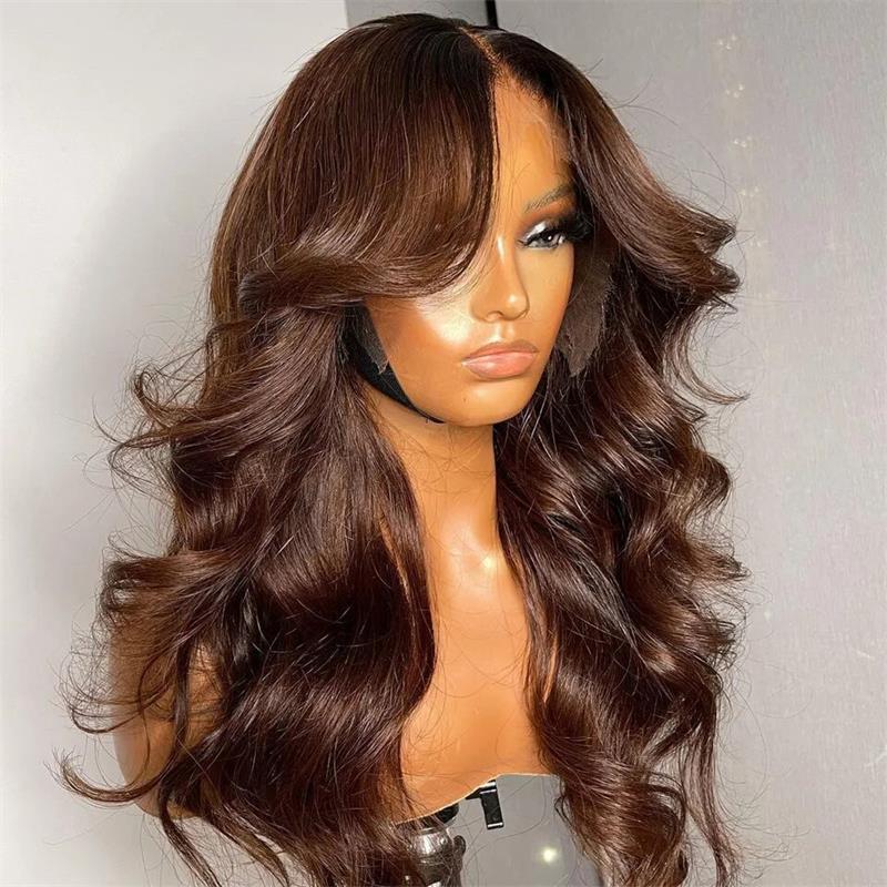 Chestnut Brown Body Wave Glueless 5x5 HD Lace Closure Wig Easy to Wear Lace Human Hair Bob Wigs With Curtain Bangs-GeetaHair