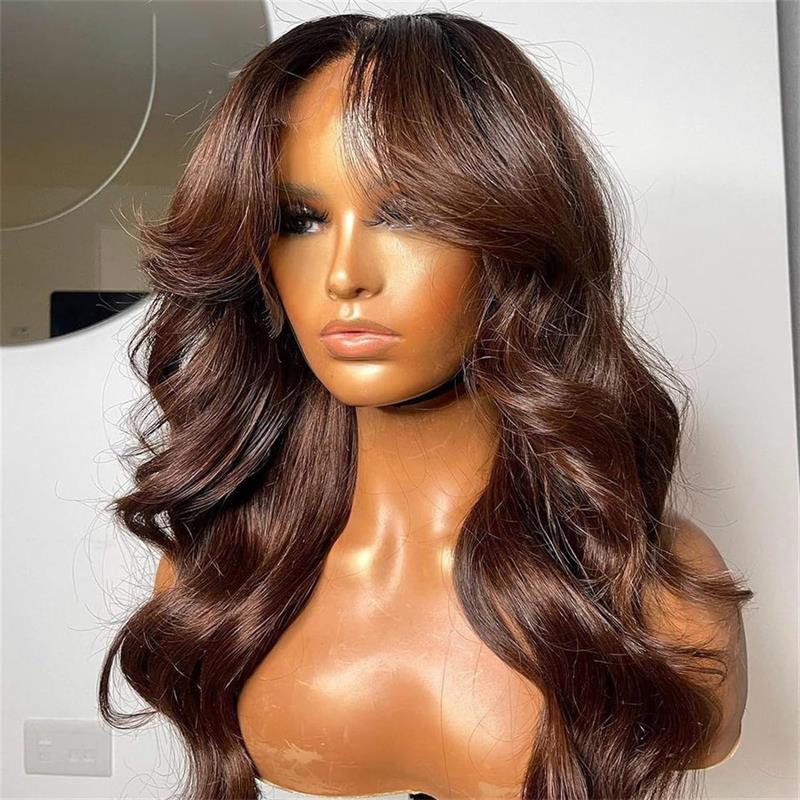 Chestnut Brown Body Wave Glueless 5x5 HD Lace Closure Wig Easy to Wear Lace Human Hair Bob Wigs With Curtain Bangs-GeetaHair