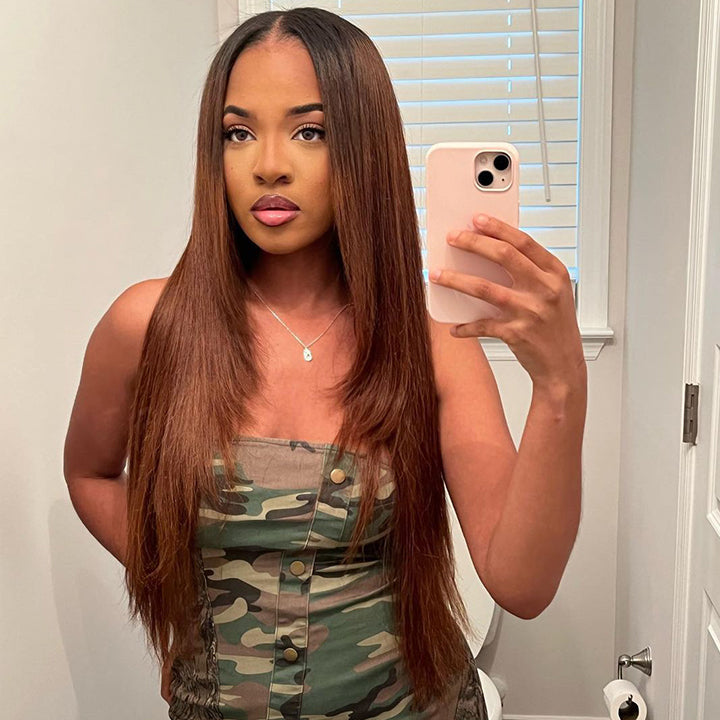 Ombre Brown Straight Layered Lace Front Wig 13x4/4x4 HD Lace Chocolate Brown Butterfly Haircut Human Hair Wigs-Geeta Hair