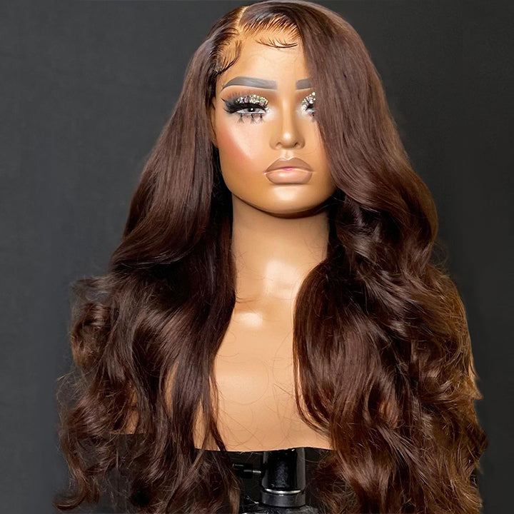 Xmas Sale Chocolate Brown Transparent Lace Front Human Hair Wig Pre Plucked Body Wave Glueless Wig