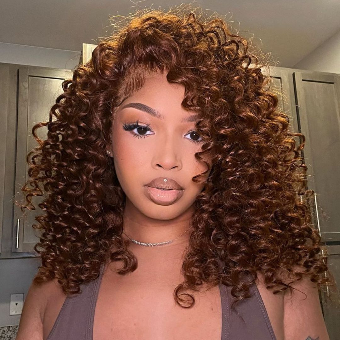 Chocolate Reddish Brown Ready To Wear Glueless Wigs Bouncy Curl 13x4 Lace Front Human Hair Wig Pre Plucked 250% Density