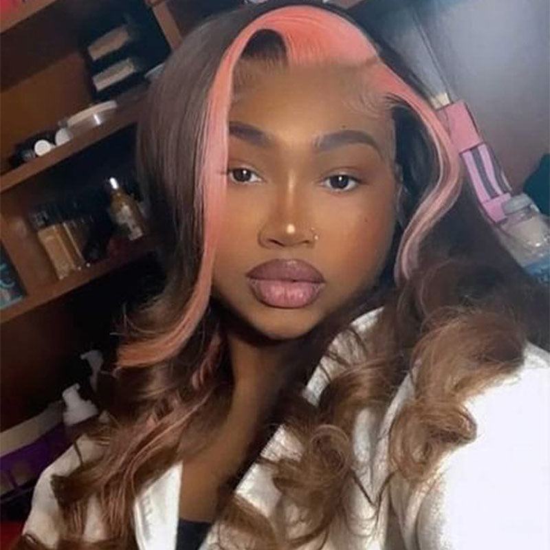 Skunk Stripe 13x4 Lace Front Wig #4 Chocolate Color With Pink Streaks Straight Hair HD Lace Wig 100% Human Hair With Free Part Lace Frontal-Geetahair