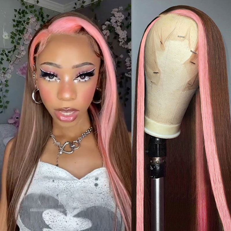 Skunk Stripe 13x4 Lace Front Wig #4 Chocolate Color With Pink Streaks Straight Hair HD Lace Wig 100% Human Hair With Free Part Lace Frontal-Geetahair