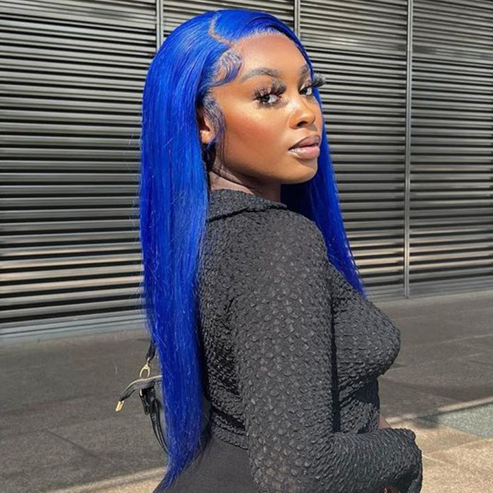 Blue Bone Straight HD Transparent Lace Wig Colored Straight Natural Hairline Human Hair Wigs