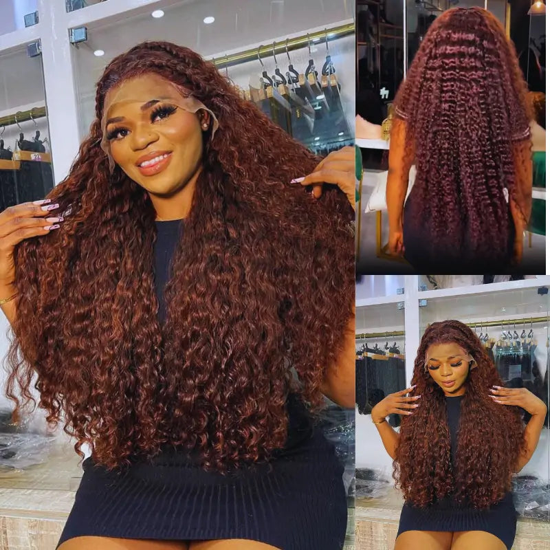 Spanish Curly Colored Wigs Burgundy 13x4 HD Lace Wig Transparent Human Hair Wigs Pre plucked Hairline-Geeta Hair