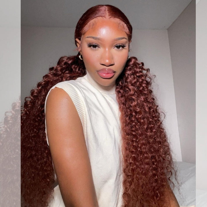 Reddish Brown Jerry Curly 13x4 HD Lace Front Wig Auburn Transparent Lace Human Hair Wigs