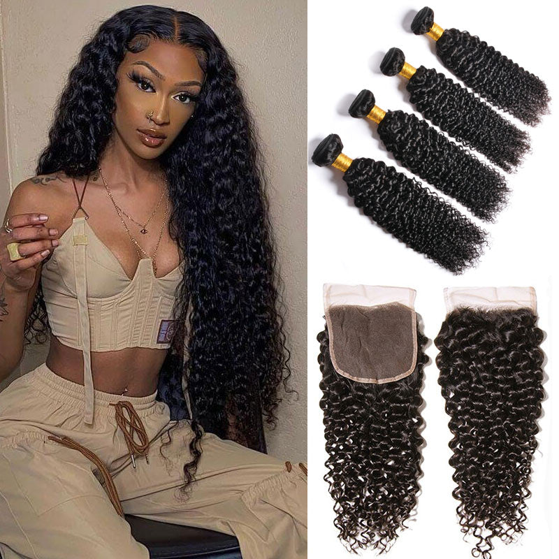 GeetaHair Curly Hair 4 Bundles with 4x4 Lace Closure 100% Unprocessed Human Hair