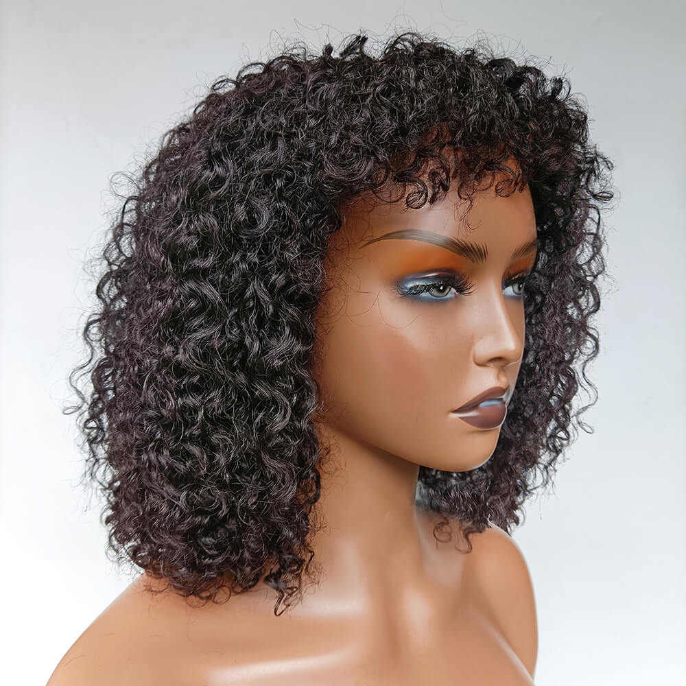 Black Curly Hair Wig With Bangs 100% Unprocessed Brazilian Human Hair Wig-Geeta Hair