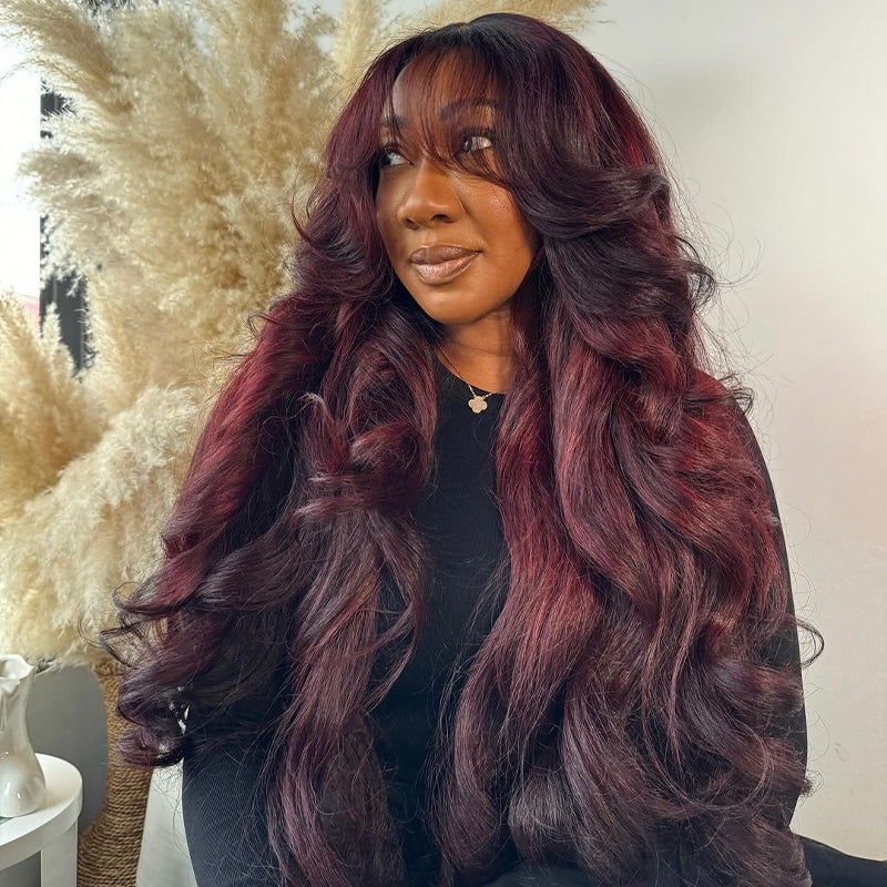 Curtain Bangs Body Wave Wig Dark Burgundy 99J Lace Front Human Hair Wigs 180% Density